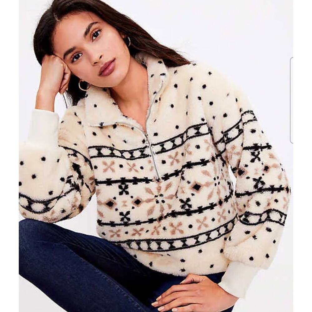 Loft Fair Isle Sherpa Zip Sweater Size Large - Picture 2 of 7